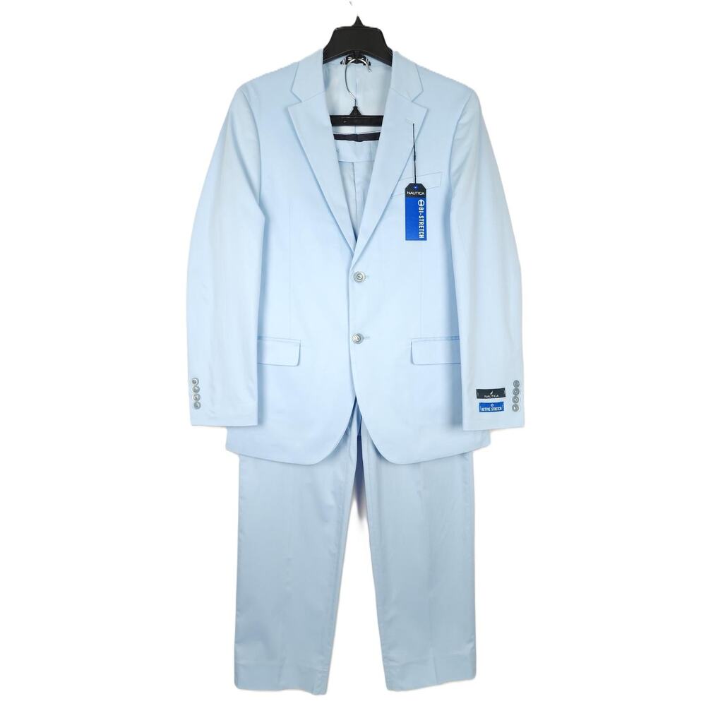Nautica Mens Modern Fit 2 Piece Suit 40S 34x32 Light Blue Solid Stretch Cotton